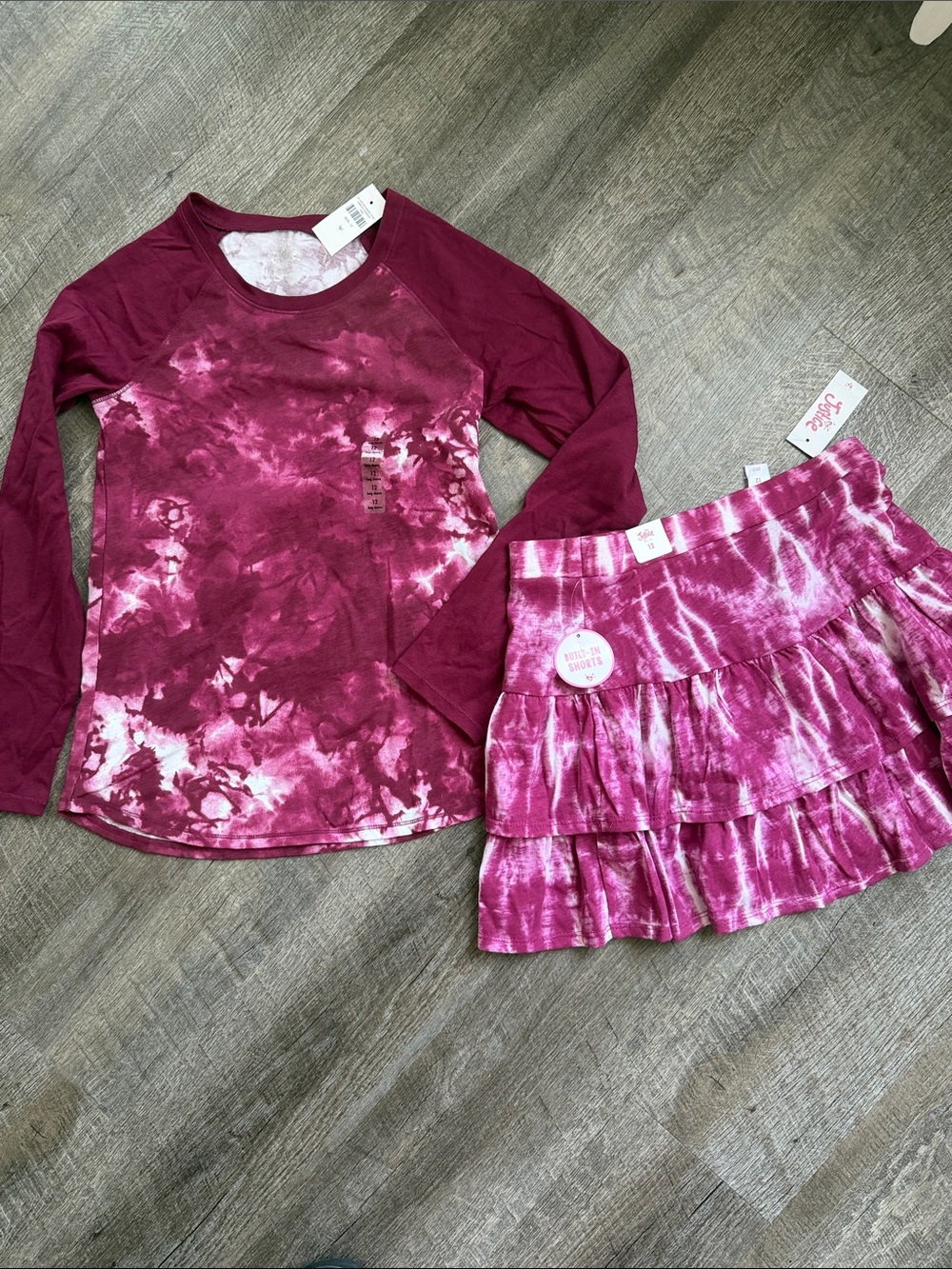 Justice Girls' Magenta Tie-Dye Long Sleeve Top & Ruffle Skort Set